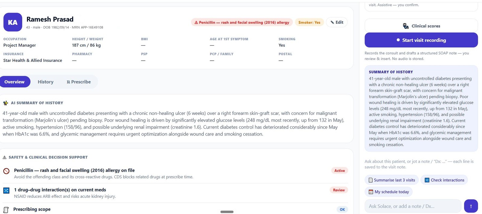 A patient record in Solace showing an AI summary of the patient's history, a
                  penicillin allergy flagged in red at the top, and a safety and clinical decision
                  support panel listing the allergy and a drug-drug interaction.
