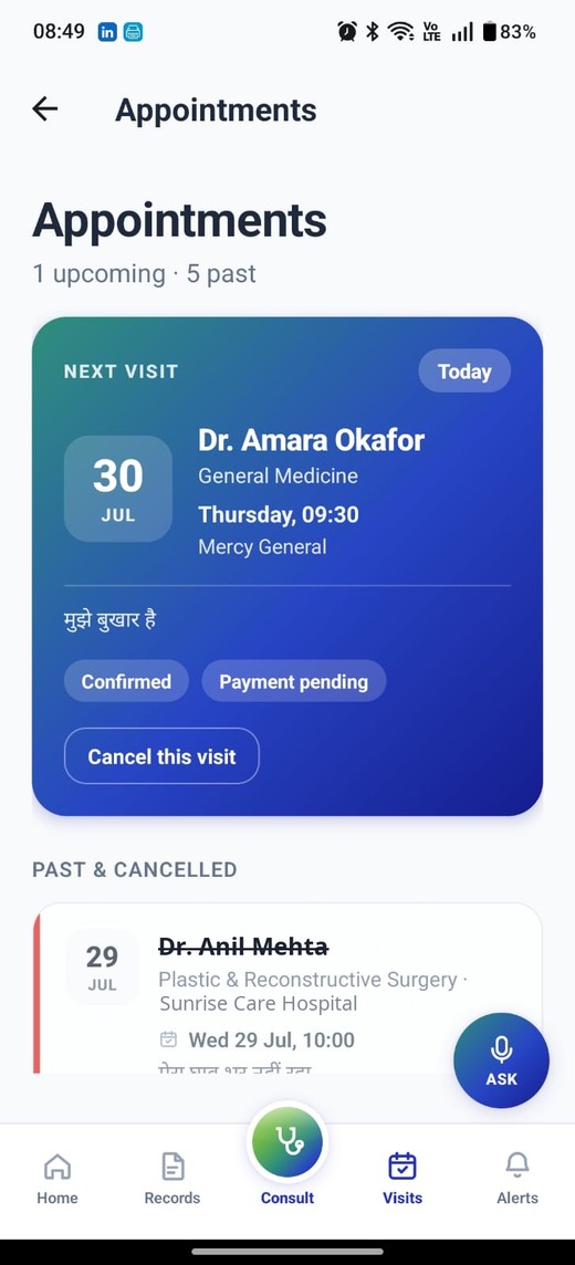 The Solace patient app showing an Appointments screen: the next visit with the
                  doctor, date, clinic and status, and past appointments below it.